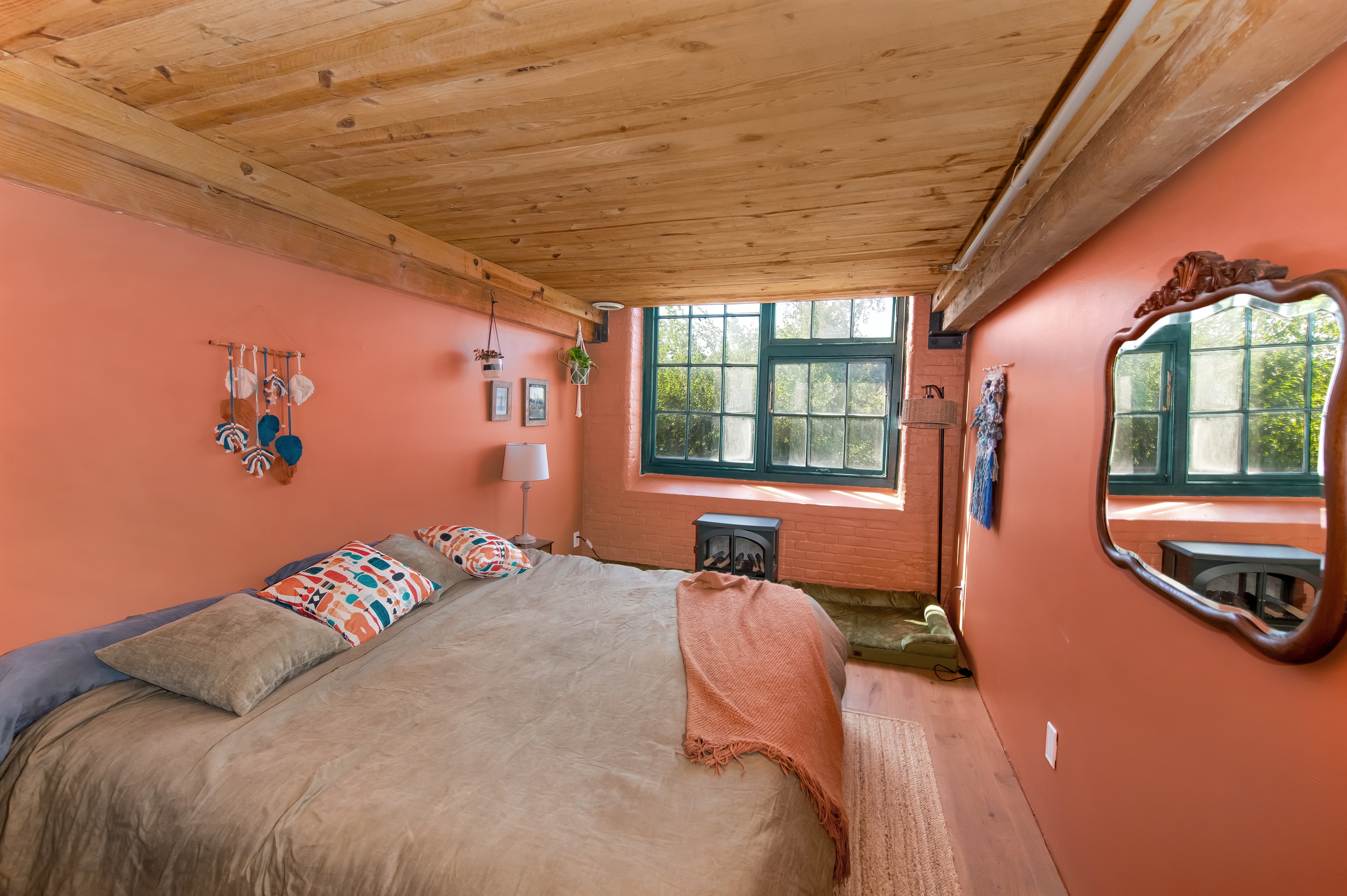 Warm tones, wood ceiling